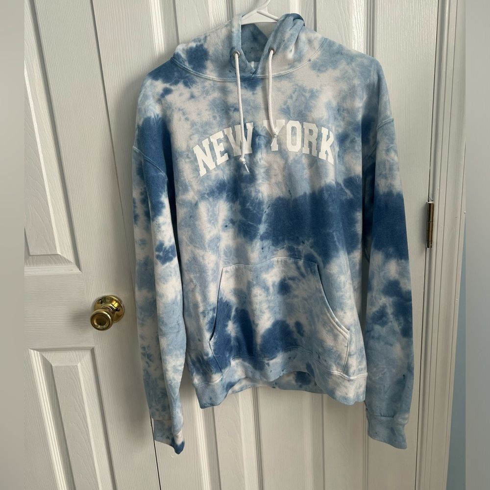 Bowery Supply Co. Womens Medium Blue Tie Dye Cotton New‎ York Long Sleeve Hoodie